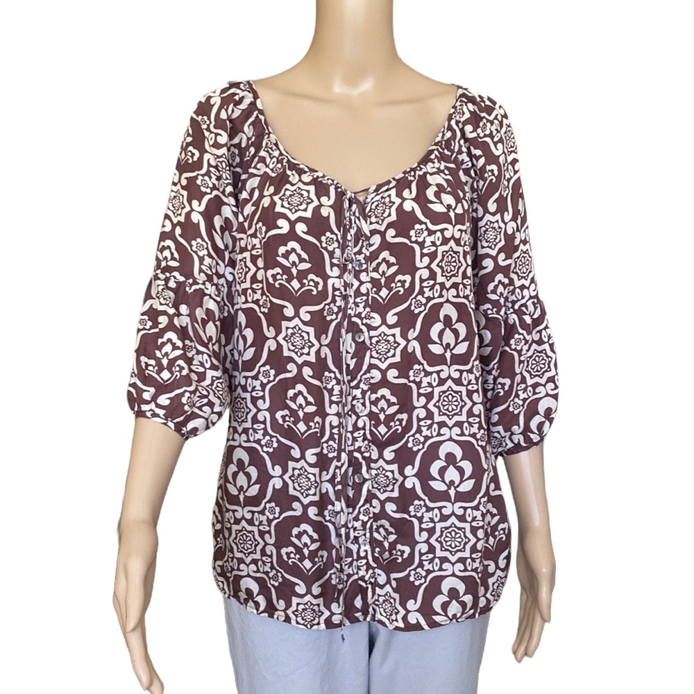 Velvet Brown Floral Silk Peasant Top